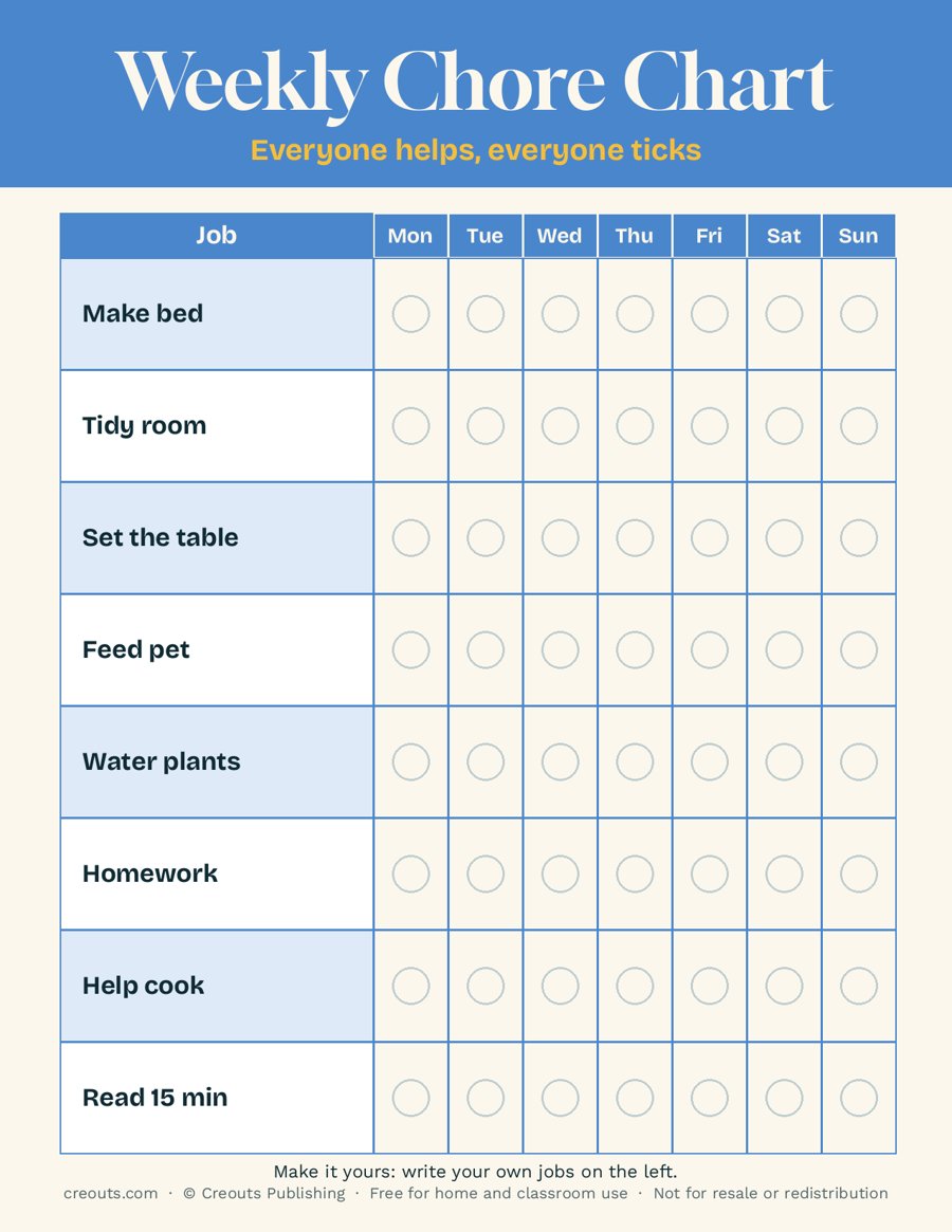 Weekly Chore Chart: Free Printable
